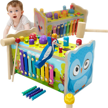 Sorter drewniany wbijak kostka cymbałki gra układanka klocki montessori sowa 7w1