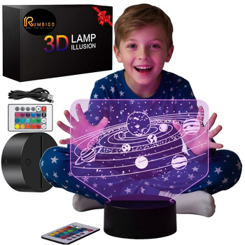 Lampka Nocna 3D UKŁAD SŁONECZNY Planety Kosmos PREZENT dla Dziecka Chłopca PILOT 16 Kolorów Rumbigo LED USB